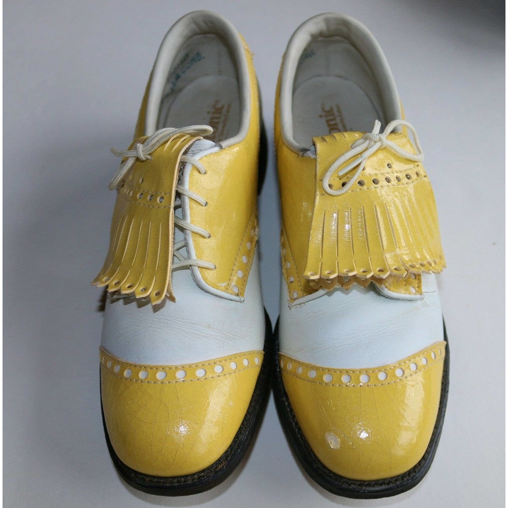 Vintage Etonic Women's 7-1/2 Yellow & White Leather Saddle Golf Shoes USA